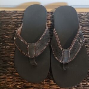 Reef Brown & Black Leather Flip Flops Size 12 Mens Cushion Beach Summer‎ Classic